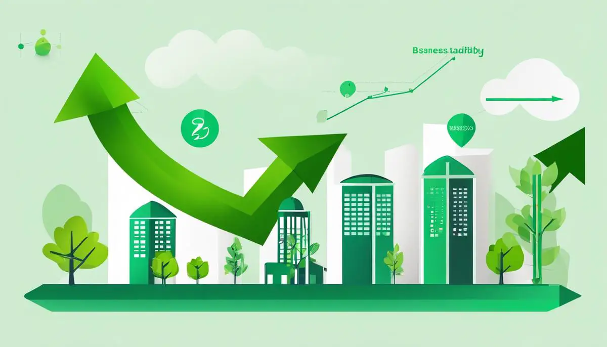 Financial institutions embracing sustainability by implementing ESG criteria, sustainable operational practices, and promoting responsible business practices. Image shows a graph with green arrows pointing up, representing growth and sustainability.