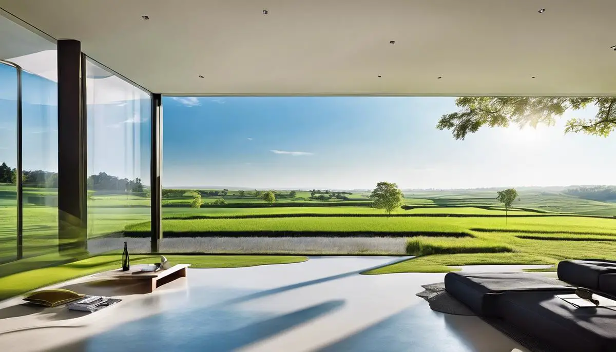 A peaceful landscape with lush green fields and a clear blue sky, representing sustainability in real estate.